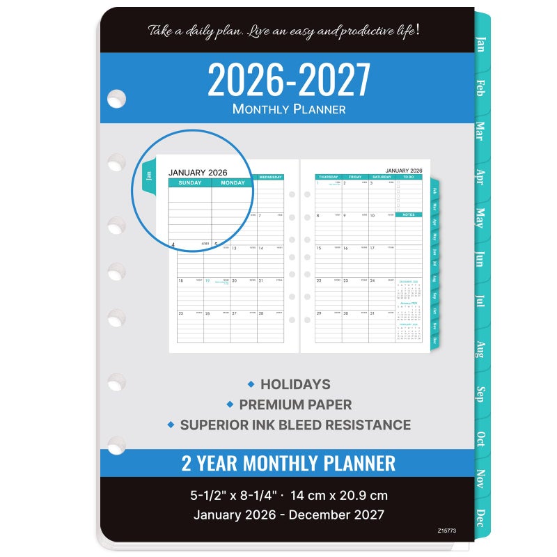 MaaIbok 2026-2027 Monthly Planner Refill - Planner Inserts with 7-Hole Punched, 5-1/2"" x 8-1/2"", Runs from January 2026 to December 2027, Two Pages Per Month, Monthly Calendar with Tabs - Image 1